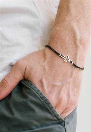 CROSS BRACELET FOR MEN SILVER TONE CROSS CHARM BLACK CORD