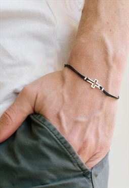 Cross bracelet for men silver tone cross charm black cord