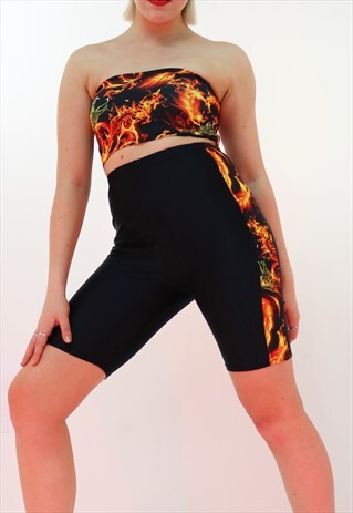 BLACK HIGH WAISTED SHORTS WITH FLAMES AND DRAGONS
