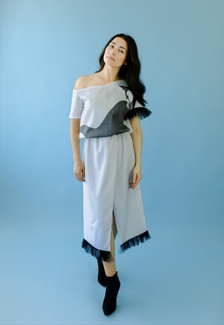 WHITE WRAP ONE SHOULDER DRESS WITH FACE PRINT