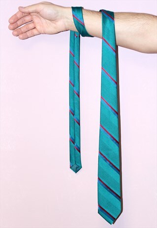 VINTAGE 80S TURQUOISE RED & BLUE STRIPED PATTERNED TIE