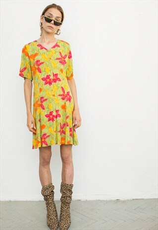 VINTAGE DRESS MINI GREEN YELLOW RED FLORAL PATTERN TROPICAL