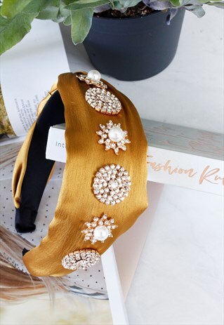 MUSTARD SATIN PLAITED DIAMANTE PEARL ALICE HEAD BAND