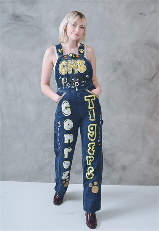 VINTAGE HAND PAINTED DENIM DUNGAREES BLUE 90S