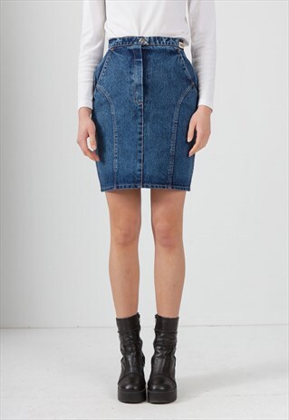 VINTAGE BLUE RIFLE DENIM HIGH WAISTED PENCIL MINI SKIRT