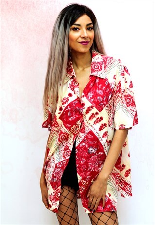 1990S VINTAGE RED AND WHITE PATTERNED SILKY OVERSIZED SHIRT