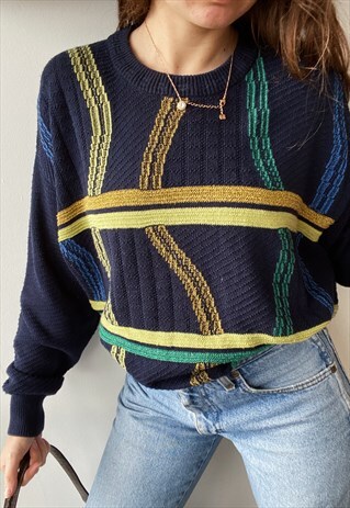VINTAGE 80S ABSTRACT KNIT UNISEX JUMPER SWEATER PULLOVER