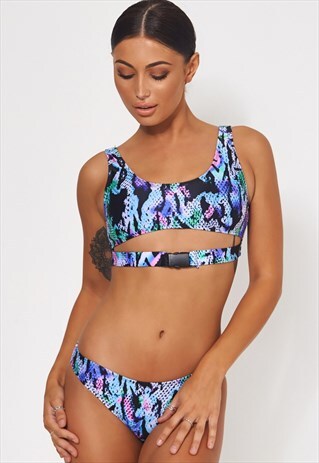BLUE SNAKE PRINT BUCKLE BIKINI
