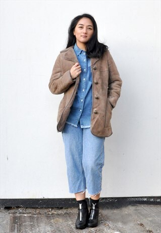 VTG 70S PETITE TAUPE WOOL SHEARLING SHEEPSKIN WINTER COAT