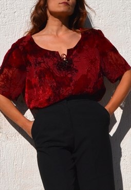 Burgundy red velvet sheer jacquard vintage handmade blouse