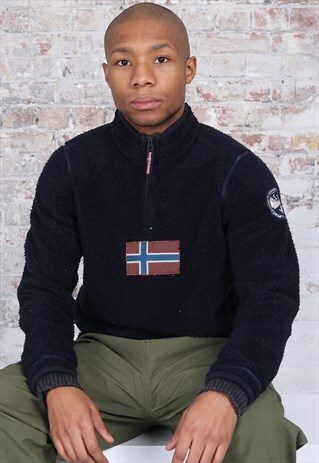 VINTAGE NAPAPIJRI BIG LOGO 1/4 ZIP FLEECE NAVY BLUE