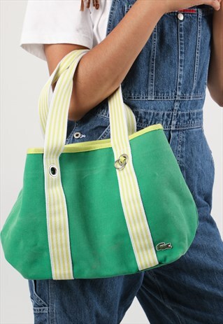 VINTAGE LACOSTE GREEN CANVAS EMBROIDERED LOGO HANDBAG