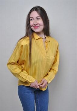 Yellow evening blouse, vintage formal shirt, 80s women