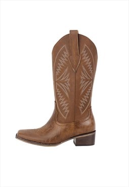 Embroidery Square Toe Split Joint Mid-Calf Western Boots