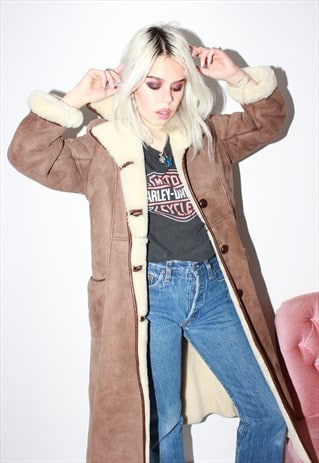 VINTAGE 70S BROWN LONG SUEDE SHEARLING SHEEPSKIN COAT