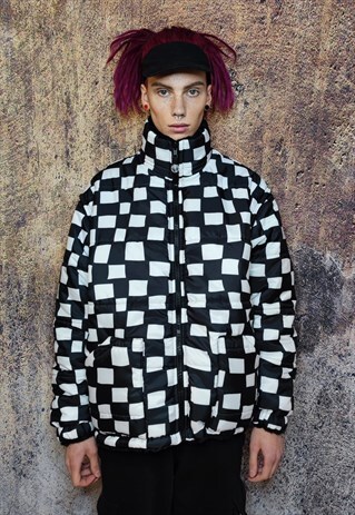 CHECK PRINT BOMBER JACKET REVERSIBLE FAUX FUR PUFFER BLACK