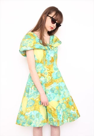 VINTAGE 80S WALLIS GREEN FLORAL COCKTAIL PROM DRESS