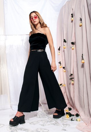 VINTAGE WIDE-LEG TROUSERS 90S CROPPED CULOTTES IN BLACK
