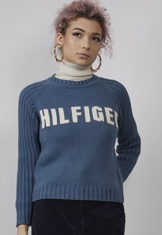 VINTAGE 90'S TOMMY HILFIGER LOGO BLUE JUMPER