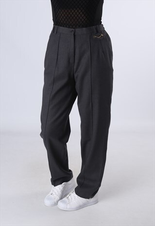 HIGH WAISTED TROUSERS PLAIN WIDE TAPERED LEG UK 12 (DK5E)