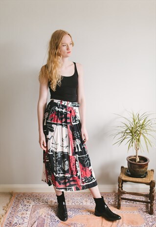VINTAGE NINETIES ABSTRACT PRINT MIDI SKIRT WITH BELT