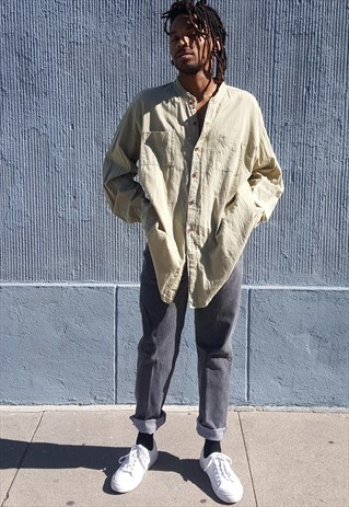 90S MINIMALIST LUXURY GAUZE GREEN RAW HEM ROUND COLLAR SHIRT