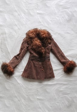 y2k vintage Afghan Penny Lane Fur Trim Leather Coat