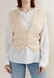 VINTAGE 90S V-NECK BEADED COTTON WOMEN VEST IN CREAM M