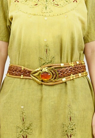 VINTAGE 70S TAN LEATHER WOVEN STATEMENT BELT
