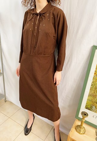 VINTAGE 60S BOHEME MOD EMBROIDERED PARISIAN CHIC MIDI DRESS