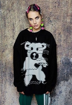 Bear sweater teddy print jumper grunge ripped top in black