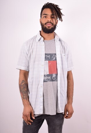LACOSTE MENS VINTAGE SHIRT MEDIUM BLUE CHECK 90S