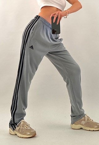 UNISEX 00S ADIDAS GREY & BLACK 3 STRIPE JOGGERS TRACK PANTS