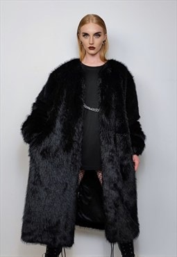 Collarless long faux fur coat luxury fleece trench jacket 