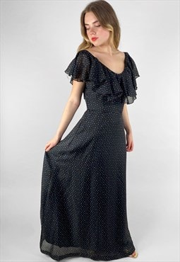 70's Vintage Ladies Black Polka Dot Ruffle Floaty Maxi Dress