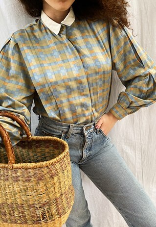 VINTAGE 70S GINGHAM CHECK ICONIC MILKMAID SHIRT BLOUSE TOP