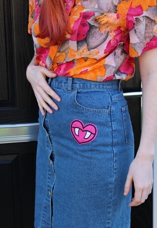 VINTAGE 90'S BLUE DENIM SKIRT WITH VAMPIRE HEART BADGE