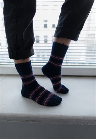 NAVY STRIPED HANDMADE KNITTED WOOL SOCKS