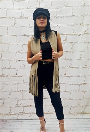 VINTAGE REAL SUEDE/LEATHER BEIGE FRINGED WAISTCOAT