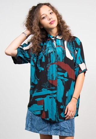 VINTAGE 90'S BLUE PATTERNED SHORT SLEEVE SHIRT