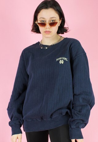 VINTAGE 90S SWEATSHIRT JUMPER IN BLUE WITH NOTRE DAME PRINT