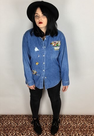 VINTAGE WARNER BROS EMBROIDERED TAZ DENIM SHIRT