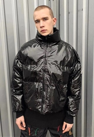 SHINY PLASTIC CROP BOMBER QUILTED RAVE PUFFER JACKET BLACK