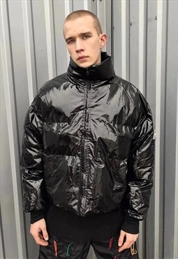 Shiny plastic crop bomber quilted rave puffer jacket black