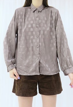 80s Vintage Brown Satin Shirt Blouse (Size M)