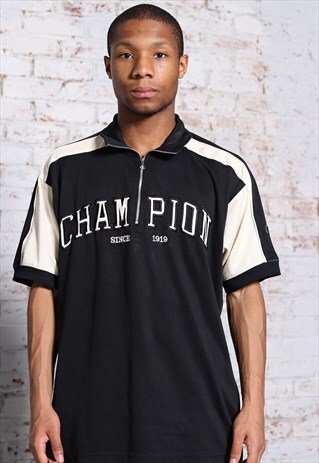 VINTAGE CHAMPION 1/4 ZIP SPELL OUT POLO SHIRT BLACK
