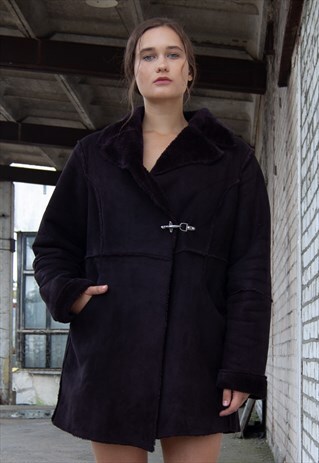 VINTAGE RETRO BROWN FAUX FUR WINTER SHEARLING JACKET COAT