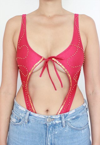 Y2K PINK CUT OUT GOLD DIAMONTE BODYSUIT TOP