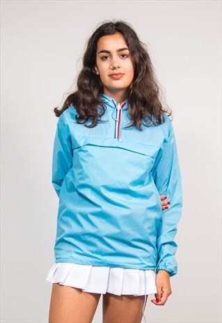 90'S VINTAGE BLUE QUARTER ZIP HOODED CAGOULE JACKET COAT
