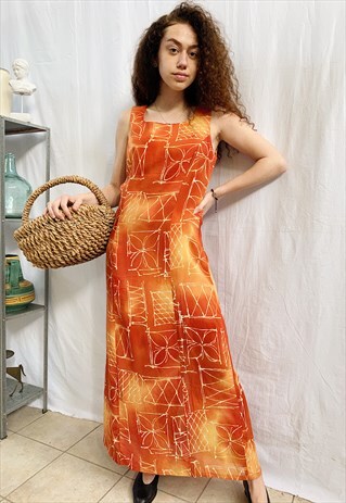 VINTAGE 90S ABSTRACT FLORAL BURNT ORANGE CITRUS MAXI DRESS